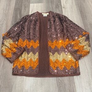Vintage Ann Green Sequined Cardigan Womens 12 Chevron Brown Orange Gold
